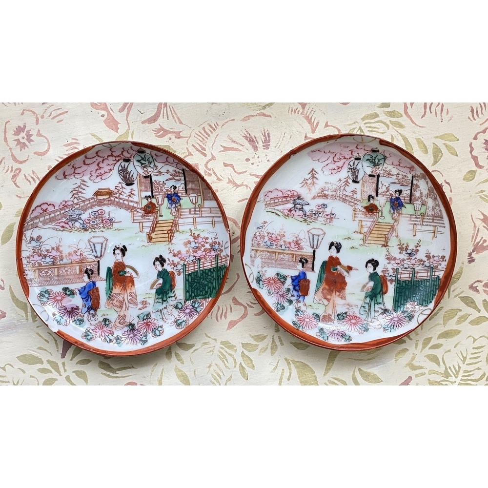 Vintage Hand Painted Geisha Japanese Garden Scene 5 1/4" Bread Plate Set Of 2 - Picture 2 of 6